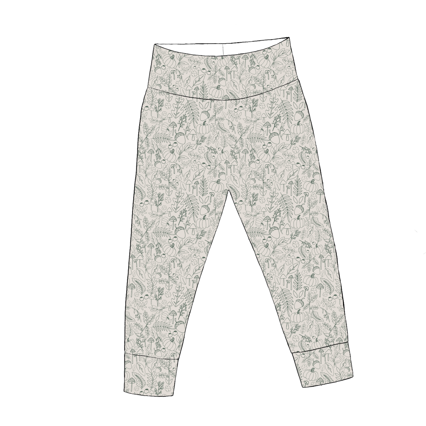 Kids' leggings in Autumn Outlines – neutral jersey with green autumn leaves and pumpkin sketches, yoga waistband and cuffs.