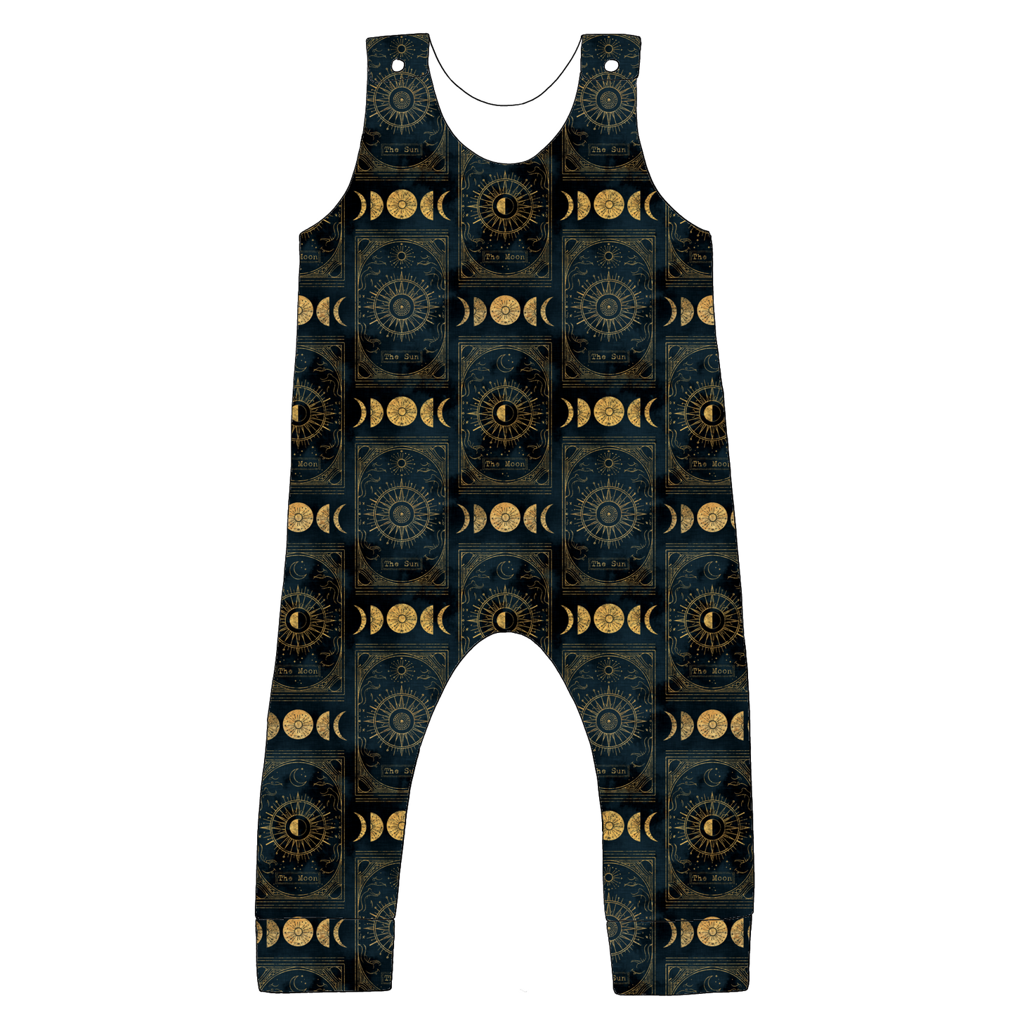 Standard romper in Tarot fabric – black jersey with gold tarot cards, moons, stars and celestial motifs.
