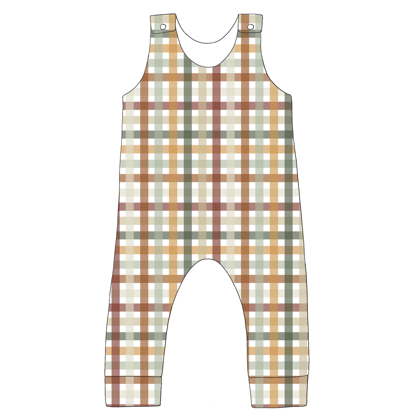 Children’s standard romper in Harvest Gingham – soft jersey fabric with rust, mustard, sage and cream checks, popper shoulder straps and tapered legs for easy movement.
