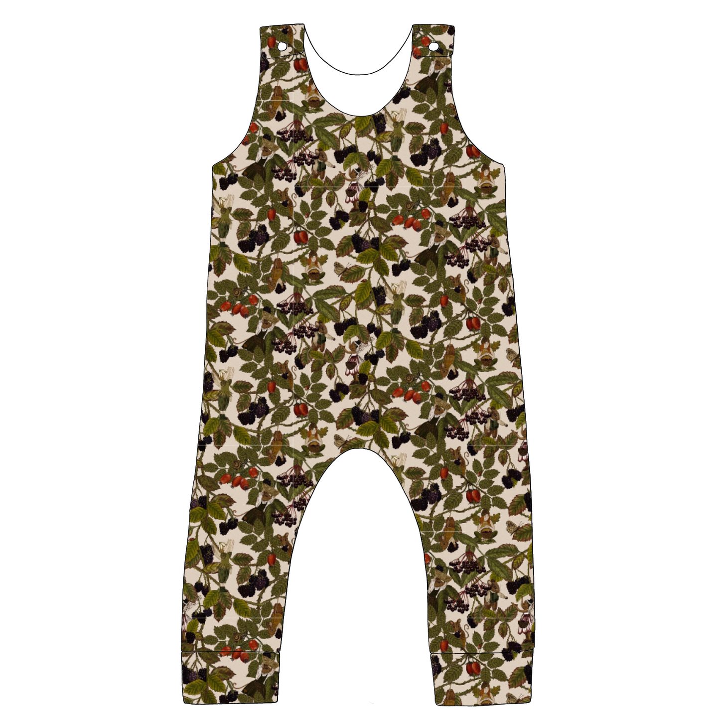 Standard romper in Hedgerow fabric – neutral base with illustrated leaves, blackberries, mice, and tiny fairies.