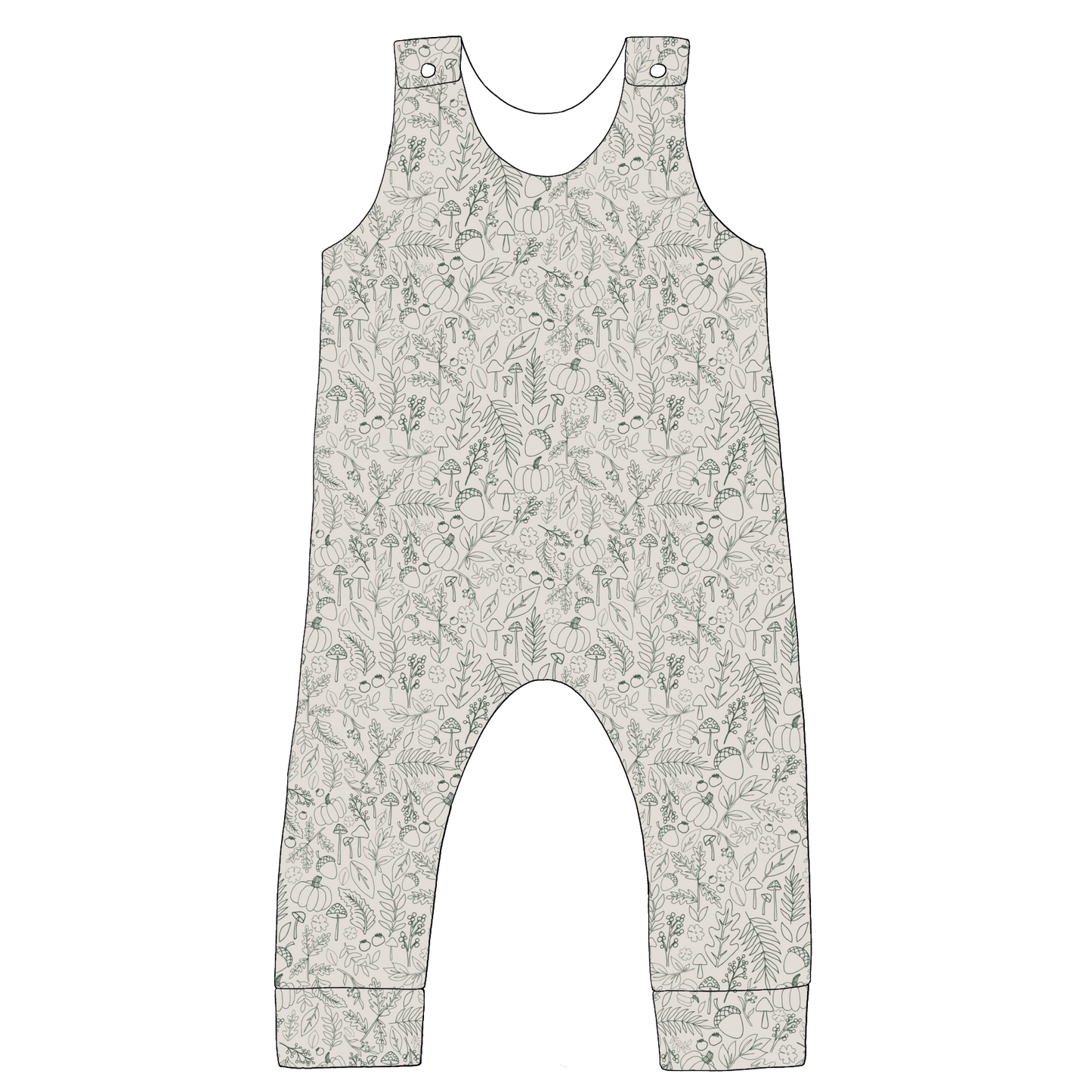 Children’s romper in Autumn Outlines fabric – cream jersey base with sage green line drawings of pumpkins and mushrooms, popper shoulders and relaxed tapered legs.