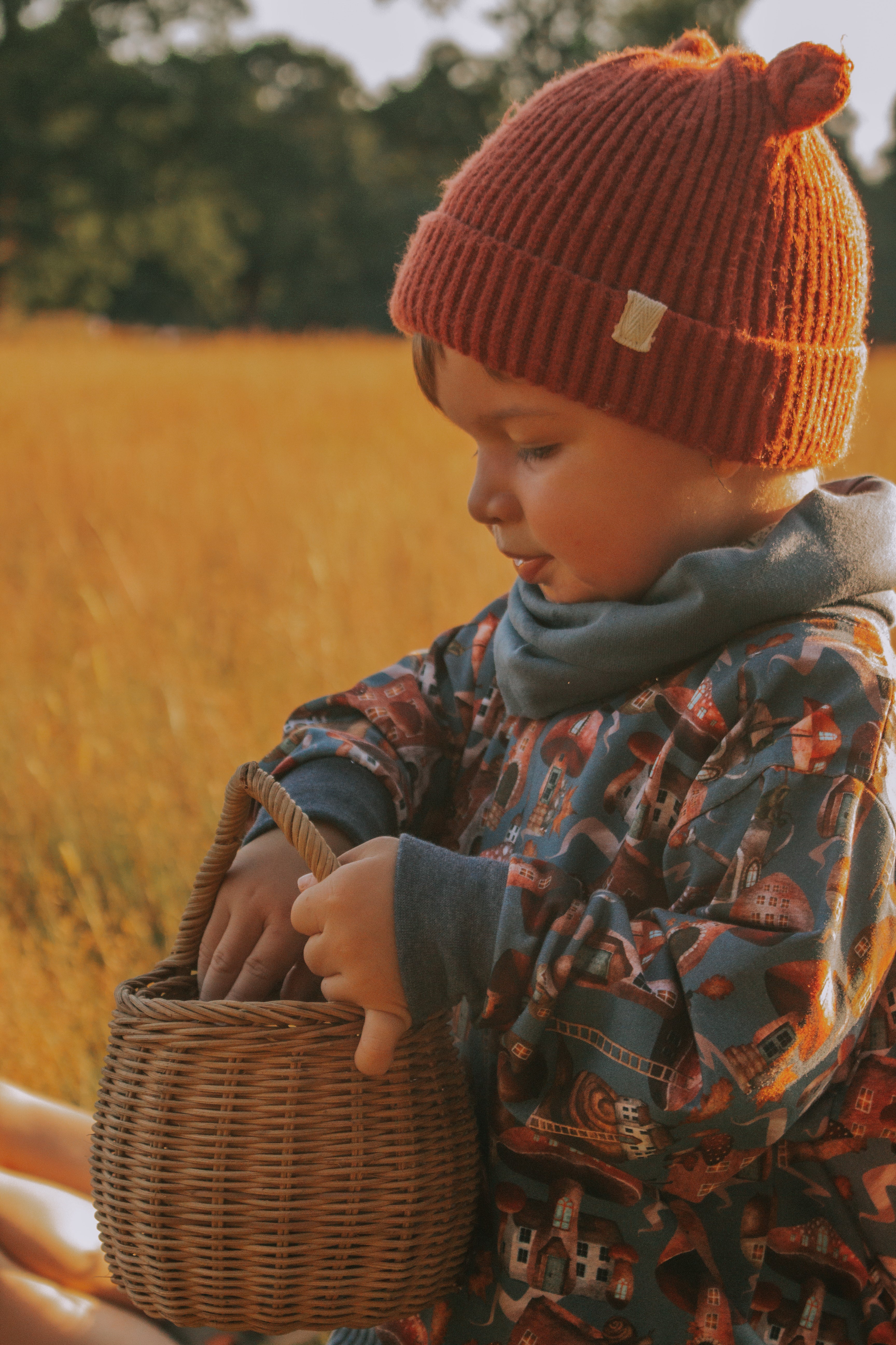 Child in a field wearing an orange knit hat and patterned sweater, holding a woven basket.