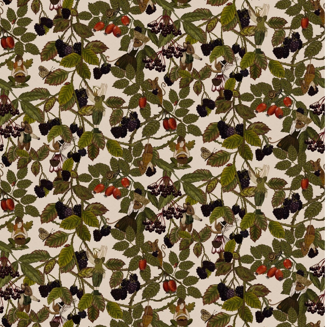 Illustrated woodland fabric featuring blackberries, rosehips, fairies, birds and mice among leafy brambles on a soft neutral background.