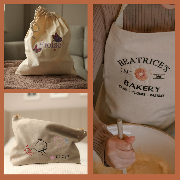 Collage of embroidered gifts: a drawstring bag with butterflies and “Eloise,” a velvet pouch with a child’s drawing and name, and a personalised apron reading “Beatrice’s Bakery” worn by a child mixing cake batter.