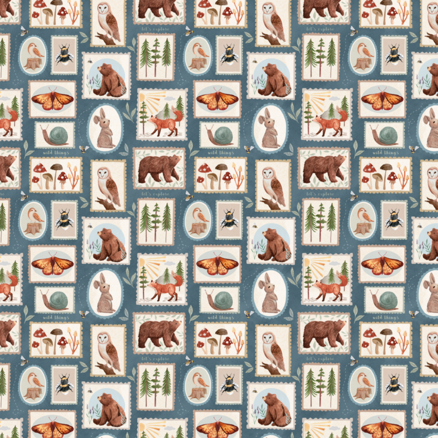 Fabric with hand-painted woodland animals, trees, mushrooms and insects in stamp-style blocks on a muted blue-grey background – perfect for kids’ clothing.