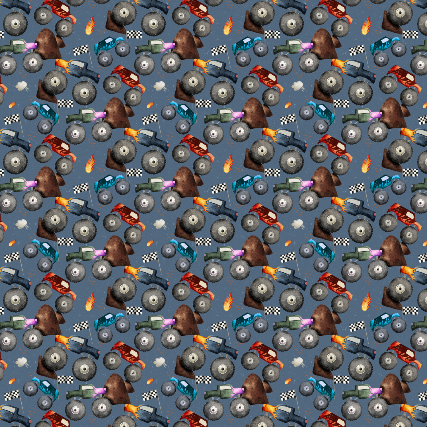 Fabric with colourful monster trucks, flames, dirt ramps and racing flags on a denim blue background – bold design ideal for children’s clothing.