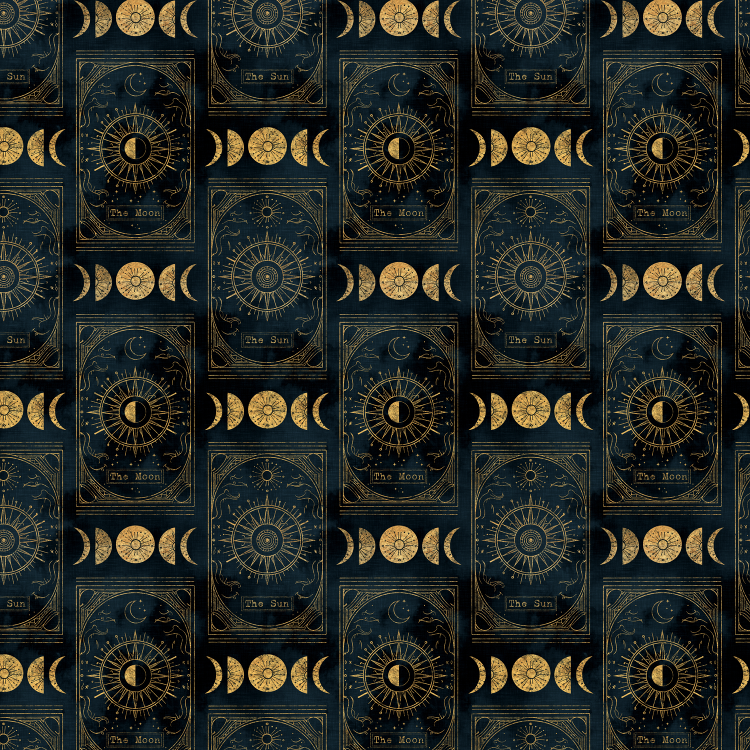 Dark blue fabric with gold celestial tarot card illustrations featuring suns, moons, and lunar phases – ideal for mystical handmade children’s clothing.
