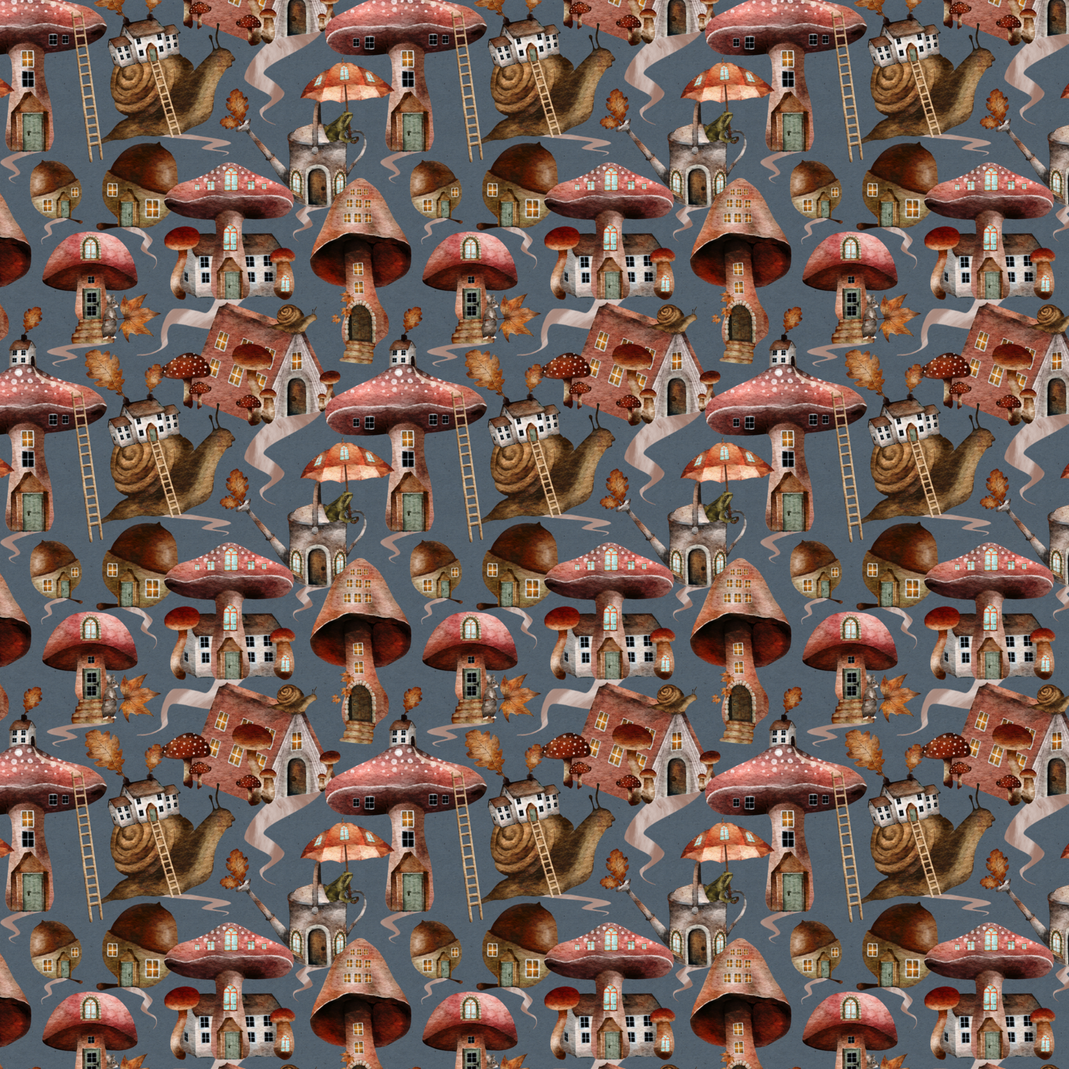 Fabric with whimsical mushroom houses, snails, leaves and winding paths in autumn colours on a denim blue background – ideal for handmade kids’ clothes.
