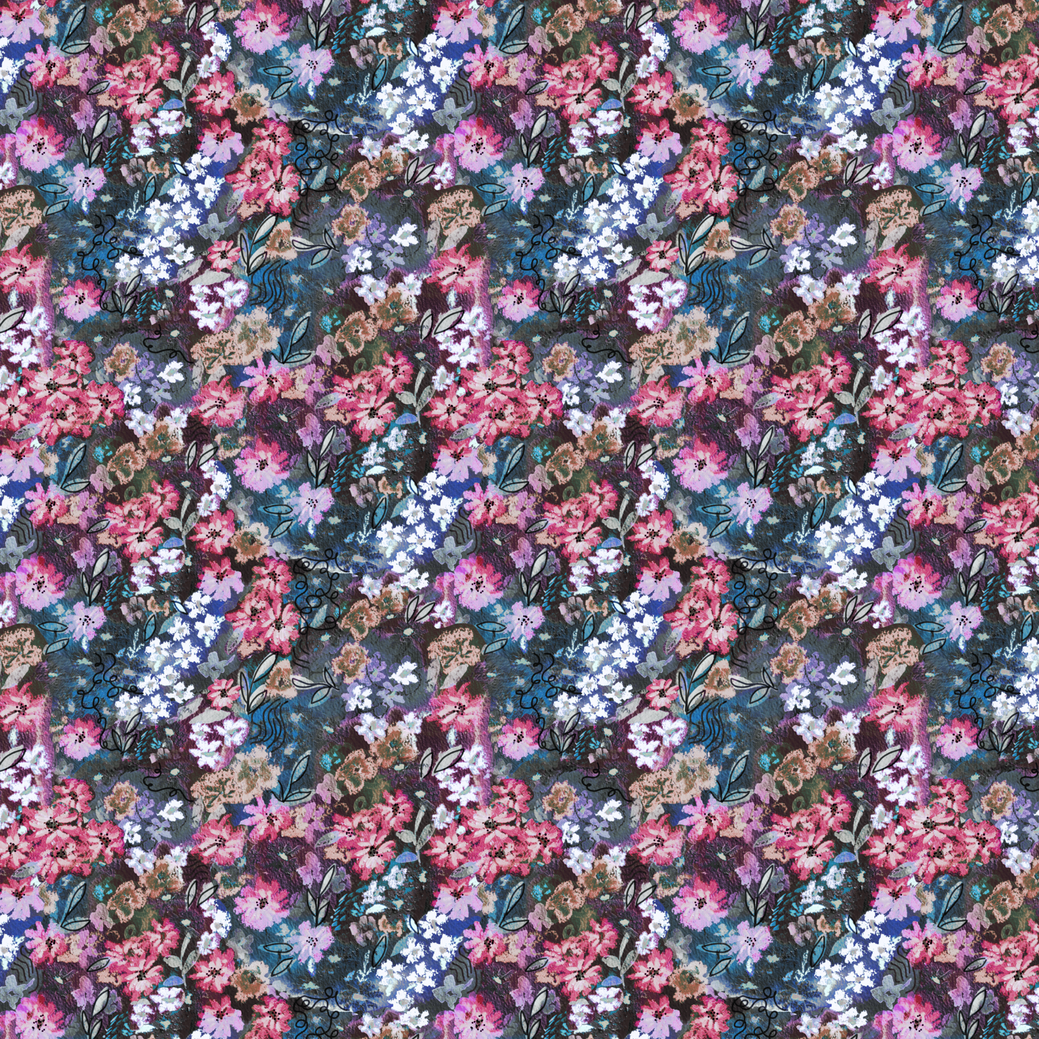 Floral fabric with expressive brushstroke flowers in fuchsia, lilac, blue and brown on a navy background – bold, painterly design for children’s clothing.