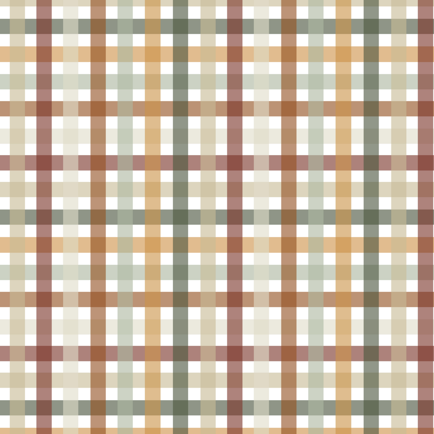 A warm-toned gingham fabric featuring a check pattern in rust, mustard, sage green and cream. A gender-neutral design perfect for autumn children’s clothing.