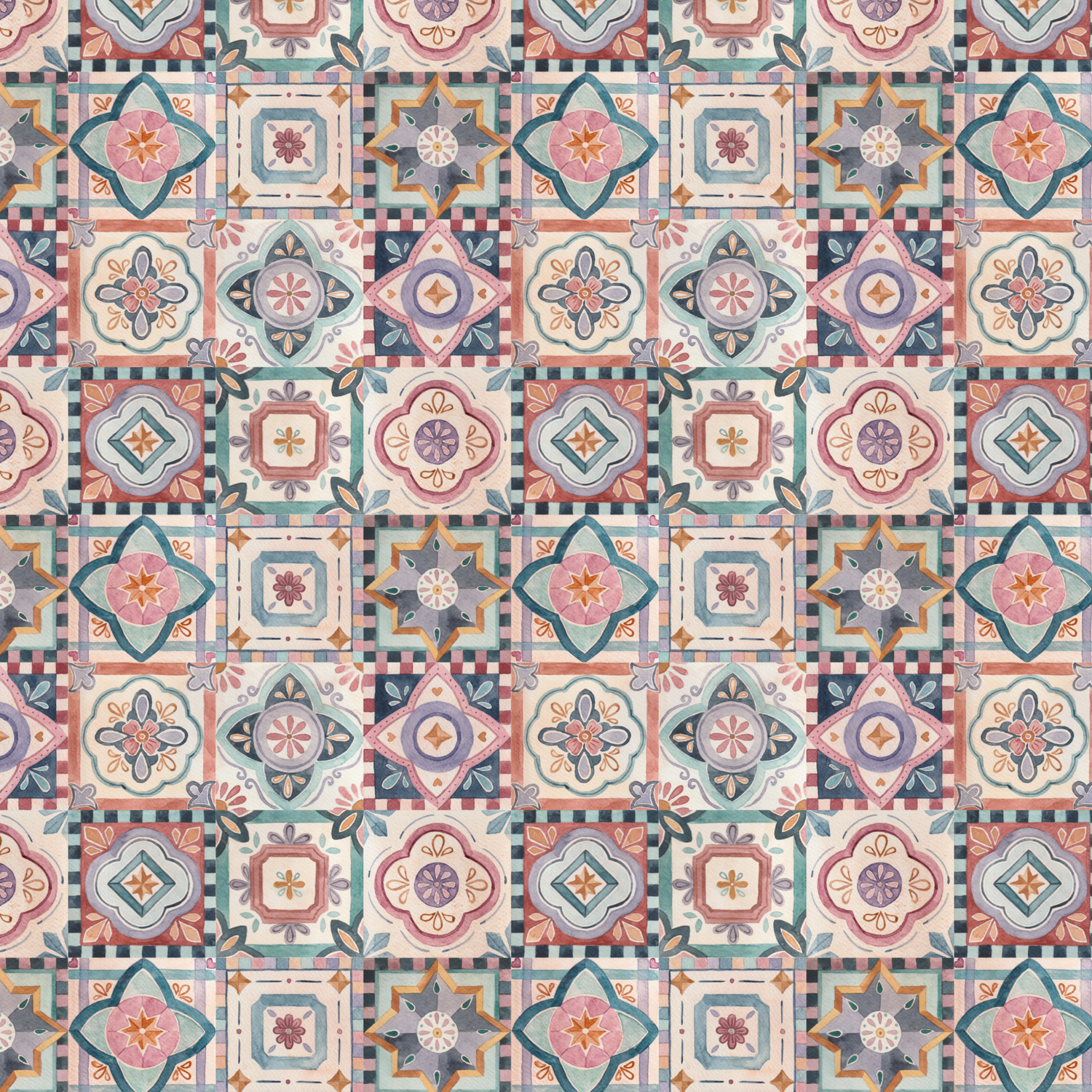 Fabric featuring a colourful repeating tile pattern in soft terracotta, teal, blush and mustard – ideal for Mediterranean-inspired children’s clothing.