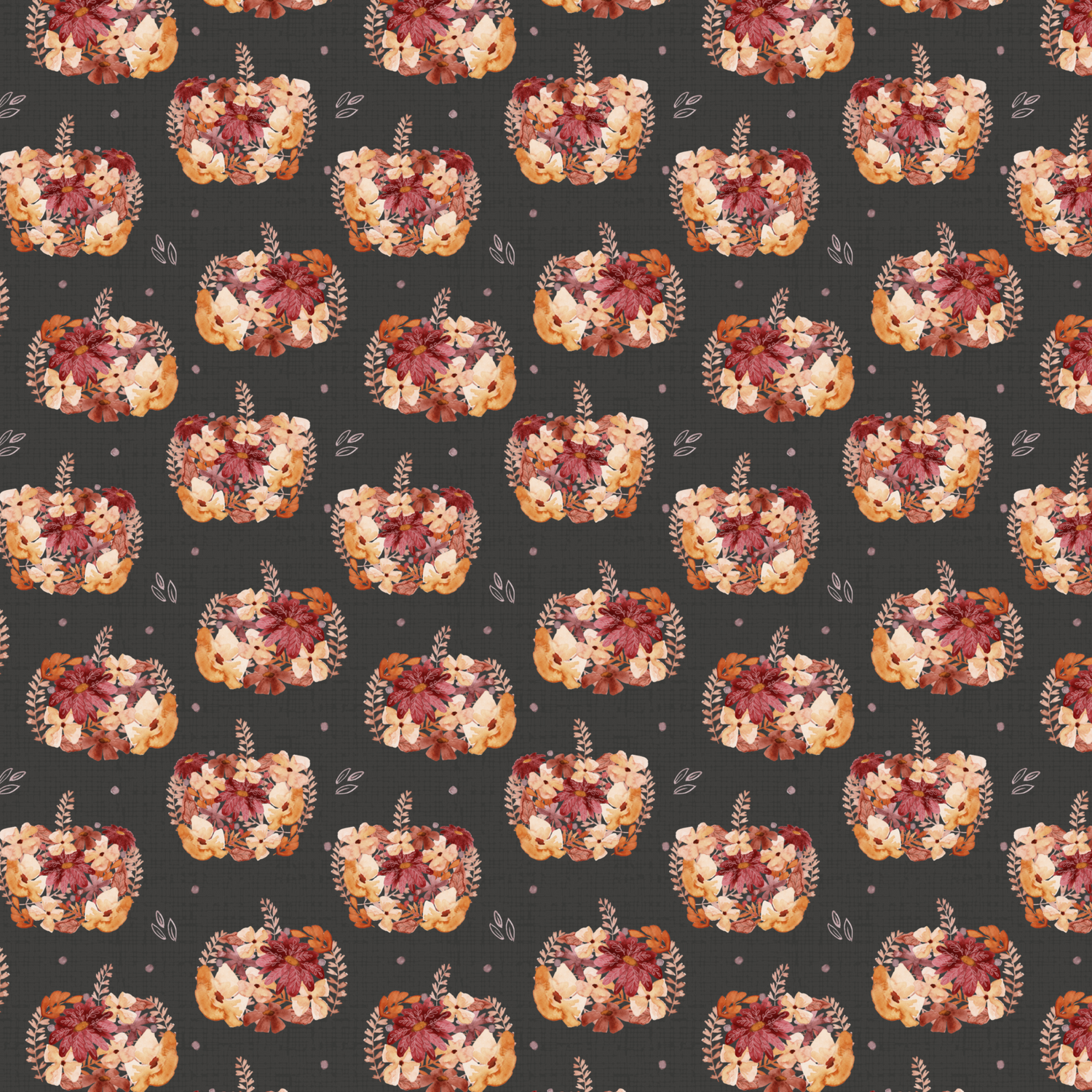 Dark charcoal fabric with repeating floral pumpkins made from watercolour-style autumn flowers in shades of rust, peach, and blush. A whimsical autumn design for children’s wear.