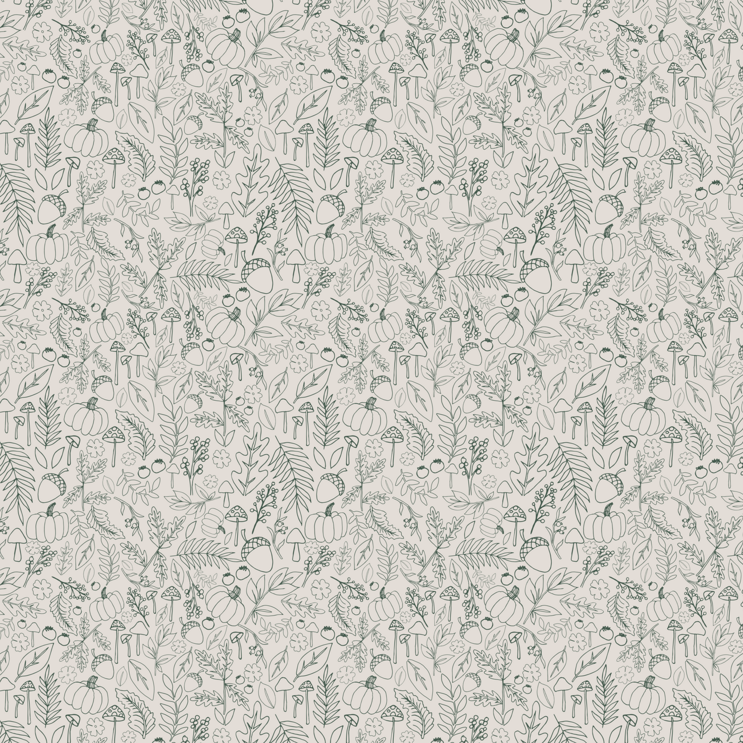 Line-drawn fabric print with sage green illustrations of autumn pumpkins, leaves, acorns and mushrooms on a soft cream background.