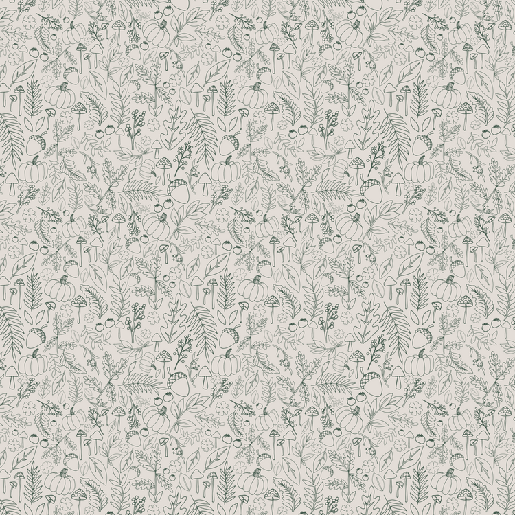 Line-drawn fabric print with sage green illustrations of autumn pumpkins, leaves, acorns and mushrooms on a soft cream background.