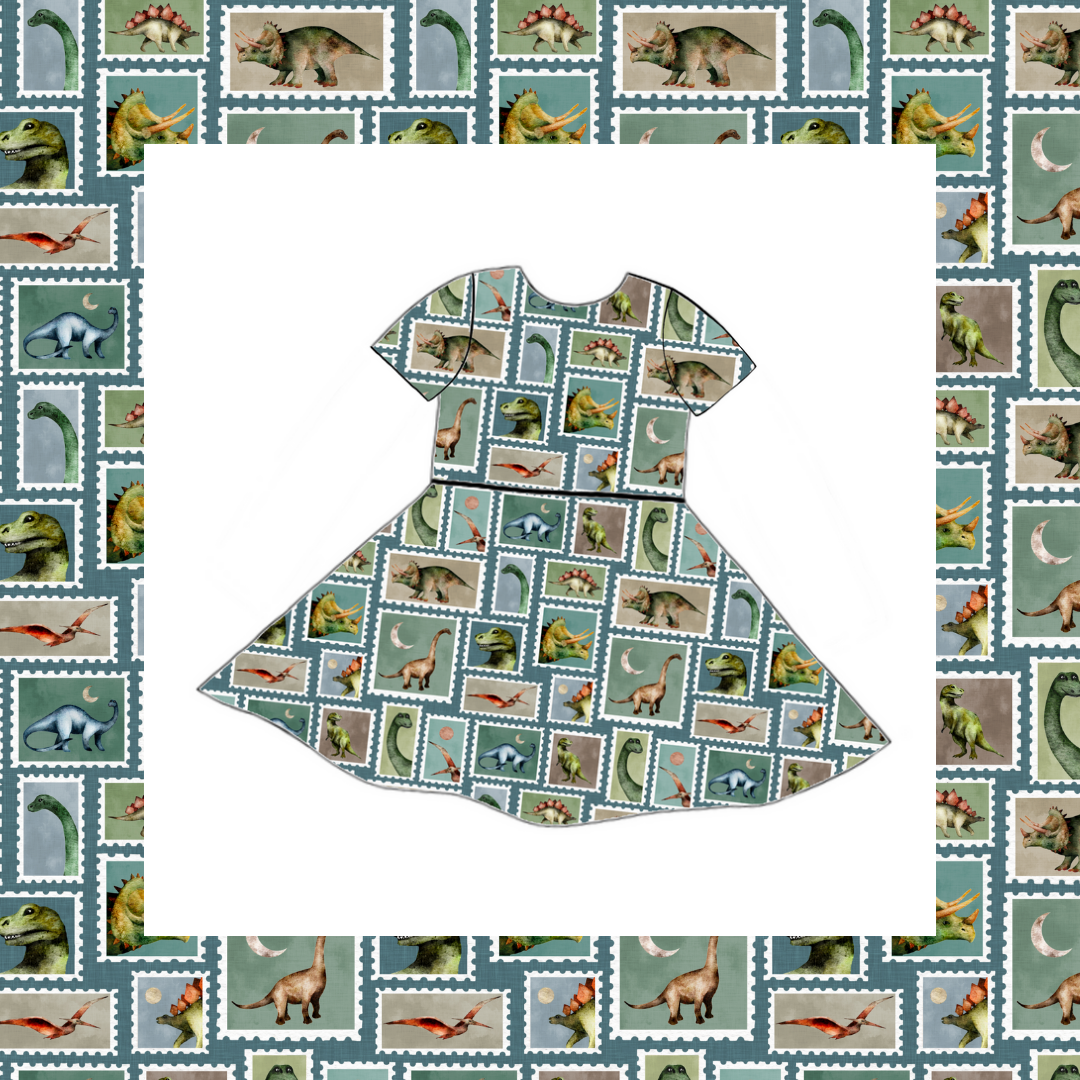 Short Sleeved Twirly Dress - Prehistoric Stamps