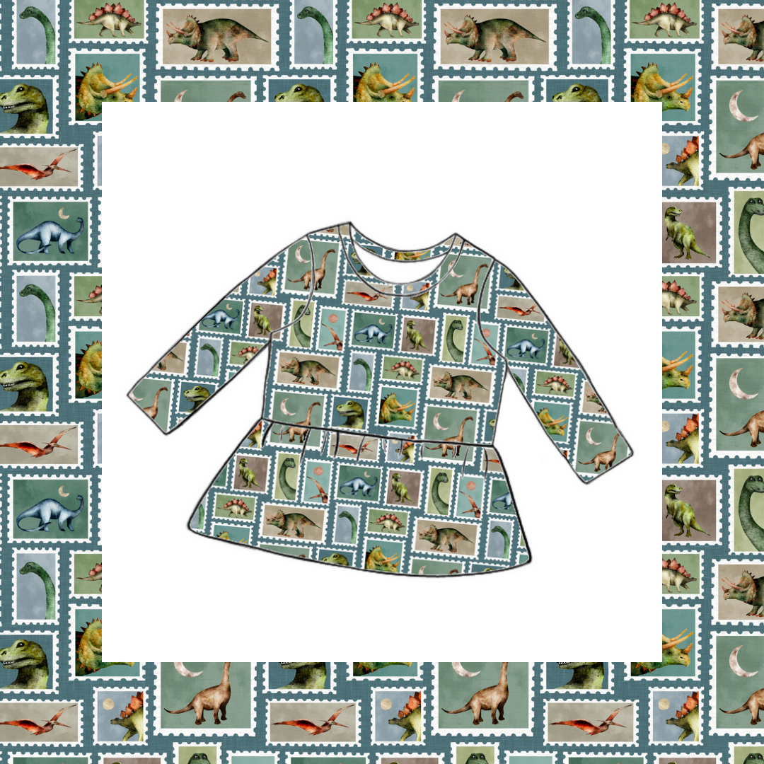 Long Sleeved Peplum Top - Prehistoric Stamps