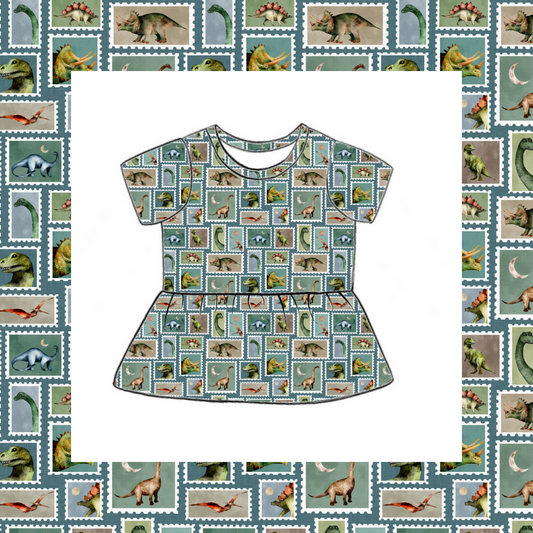 Short Sleeved Peplum Top - Prehistoric Stamps