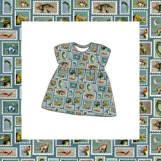 Short Sleeved Gathered Dress - Prehistoric Stamps