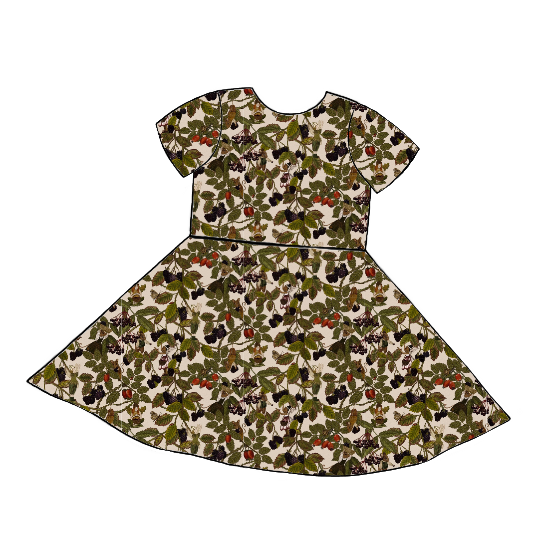 Short sleeve handmade twirly dress in Hedgerow – soft jersey with woodland creatures, berries and hidden fairies.