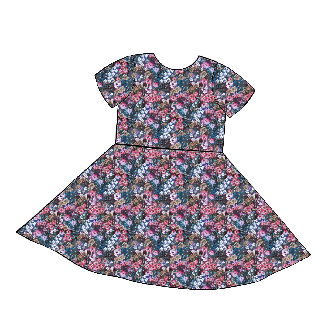 Short sleeve handmade twirly dress in Matilda Floral – deep blue jersey with painterly florals in fuchsia, violet and green.