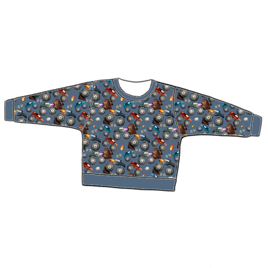 Handmade lounge sweater in Monster Trucks – deep blue jersey with monster trucks, flames and racing flags, ribbed cuffs and waistband.