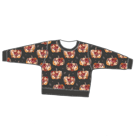 Handmade lounge sweater in Baize – charcoal jersey with peach and burgundy floral pumpkins, finished with soft ribbed trim.