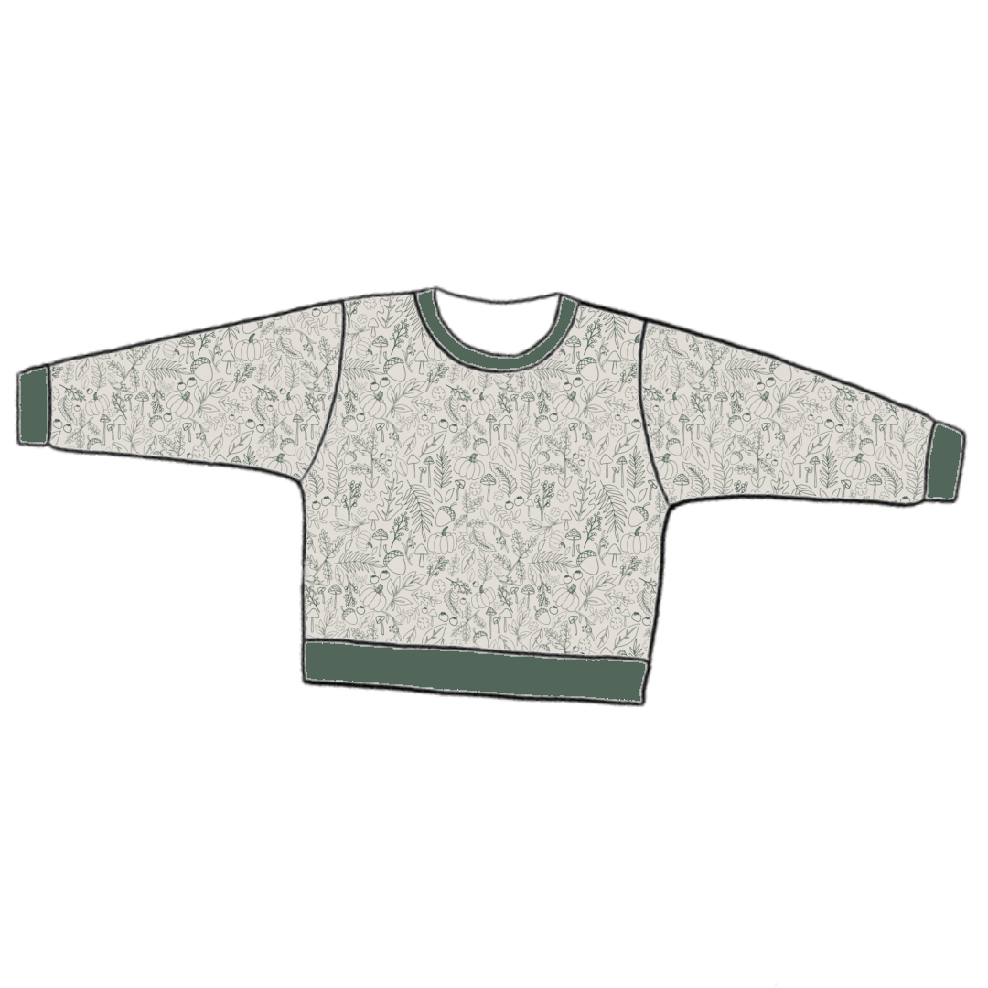 Handmade lounge sweater in Autumn Outlines – green line-drawn botanicals on a soft neutral jersey with ribbed cuffs and waistband.