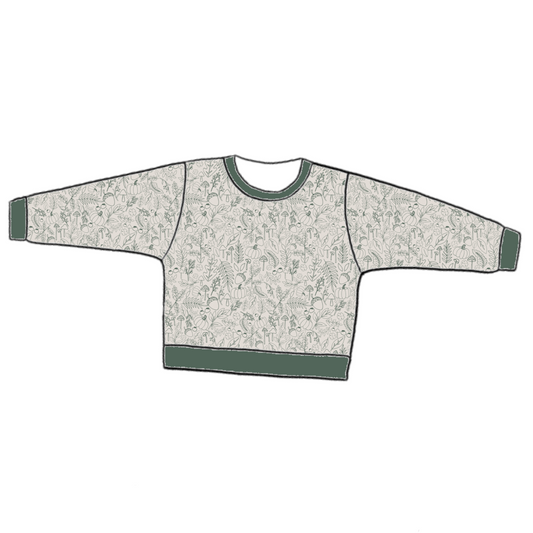 Handmade lounge sweater in Autumn Outlines – green line-drawn botanicals on a soft neutral jersey with ribbed cuffs and waistband.
