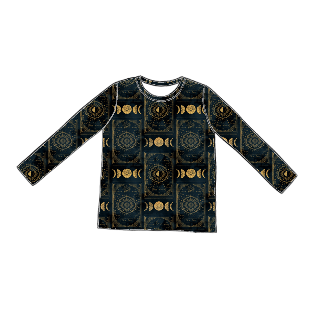 Long sleeve handmade T-shirt in Tarot – black and gold jersey with stars, moons and celestial motifs.