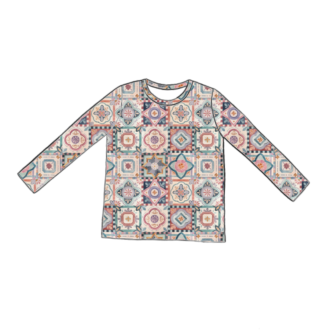 Long sleeve handmade T-shirt in Faro – soft jersey with tile print in terracotta, blush, navy and green.