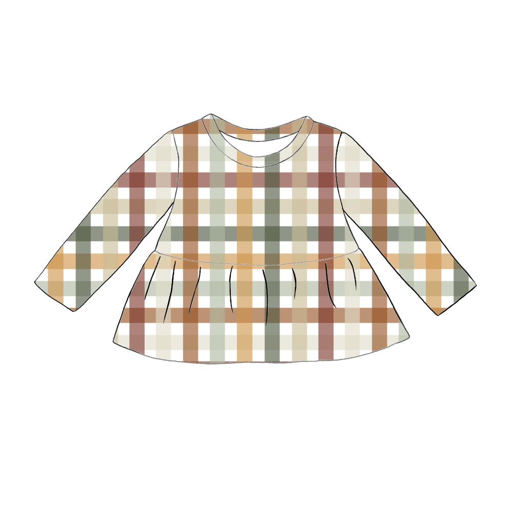 Handmade long sleeved peplum top in Harvest Gingham – warm rust, mustard, sage and cream check.