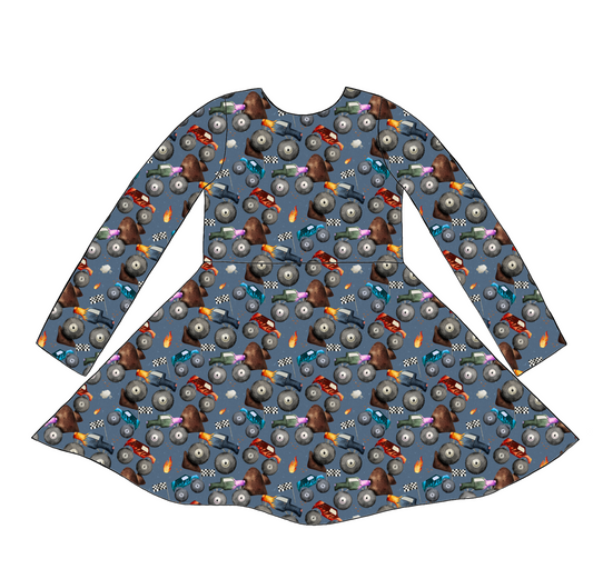 Long sleeve handmade twirly dress in Monster Trucks – deep blue jersey with monster trucks, flames and racing flags.
