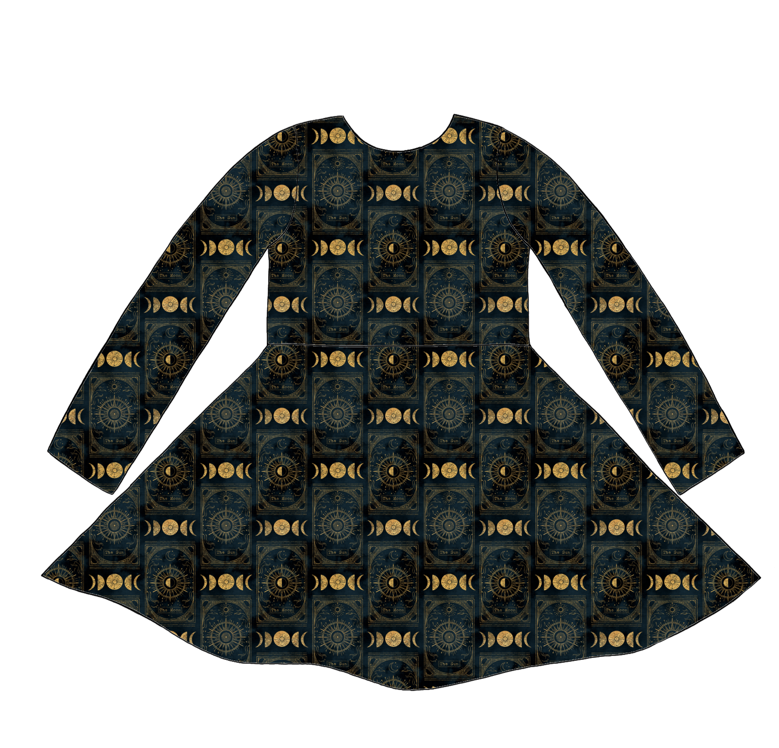 Long sleeve handmade twirly dress in Tarot – black and gold jersey with celestial motifs including stars, moons and suns.