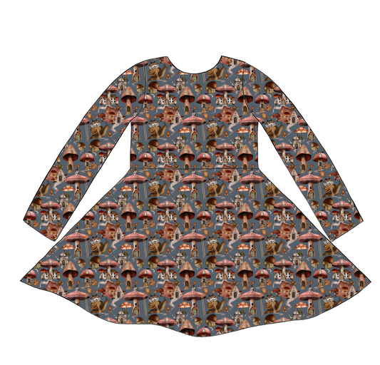 Long sleeve handmade twirly dress in Mushroom Town – blue-grey jersey with mushroom houses, snails and leafy details.