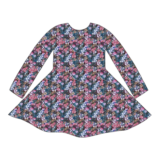 Long sleeve handmade twirly dress in Matilda Floral – bold deep blue jersey with layered florals in pink, purple and green.