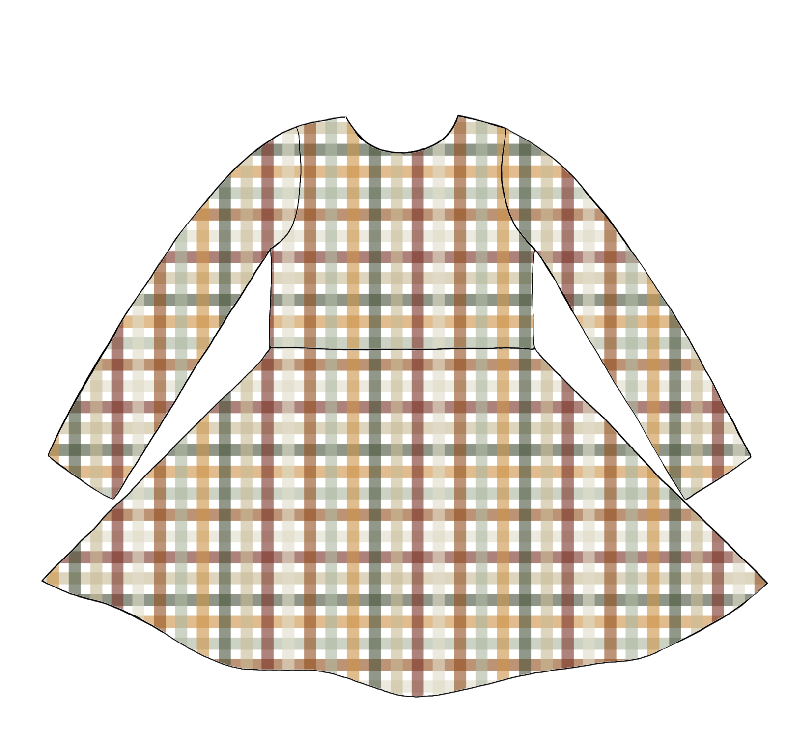 Long sleeve handmade twirly dress in Harvest Gingham – jersey check in rust, mustard, sage and cream.