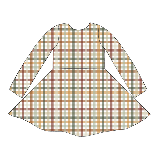 Long sleeve handmade twirly dress in Harvest Gingham – jersey check in rust, mustard, sage and cream.