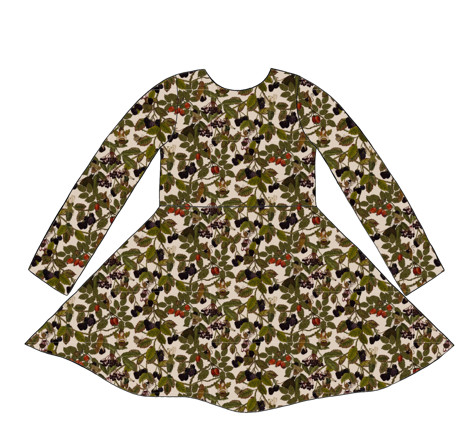 Long sleeve handmade twirly dress in Hedgerow – woodland jersey with fairies, forest animals and brambles.