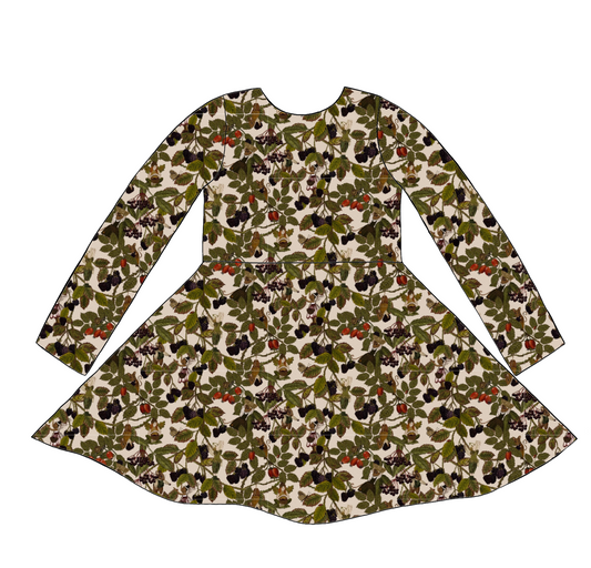 Long sleeve handmade twirly dress in Hedgerow – woodland jersey with fairies, forest animals and brambles.
