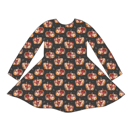 Long sleeve handmade twirly dress in Baize – charcoal jersey with peach and burgundy floral pumpkins.