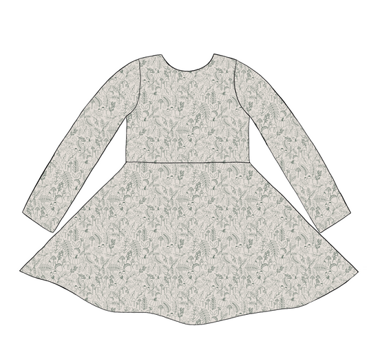 Long sleeve handmade twirly dress in Autumn Outlines – neutral jersey with fine green botanical print.