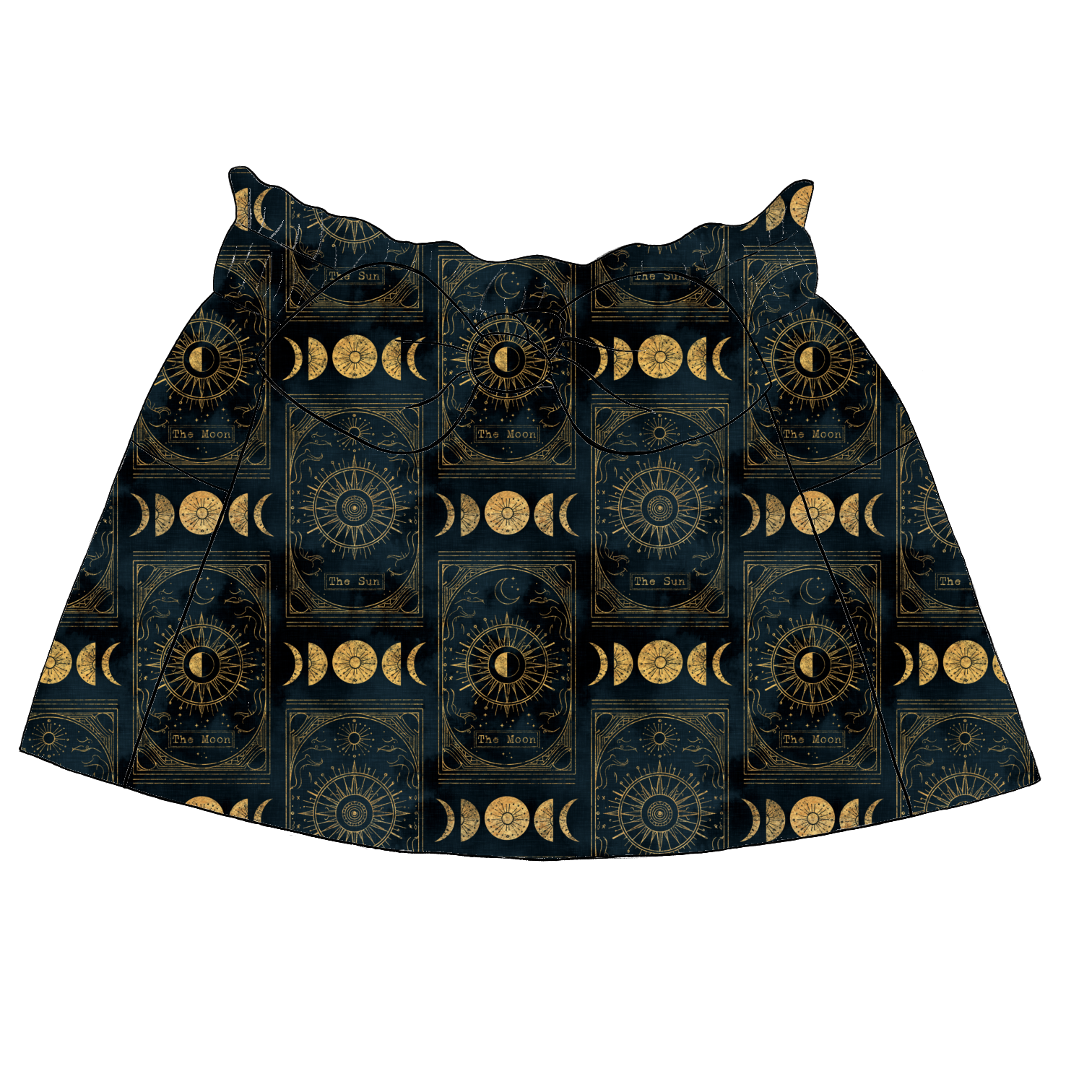 Children’s paperbag skirt in Tarot fabric – navy base with golden sun and moon tarot cards and celestial motifs, with bow and pockets.