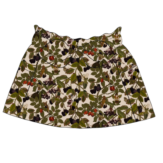 Children’s paperbag skirt in Hedgerow fabric – soft background with blackberries, rosehips, fairies and birds, finished with bow and pockets.