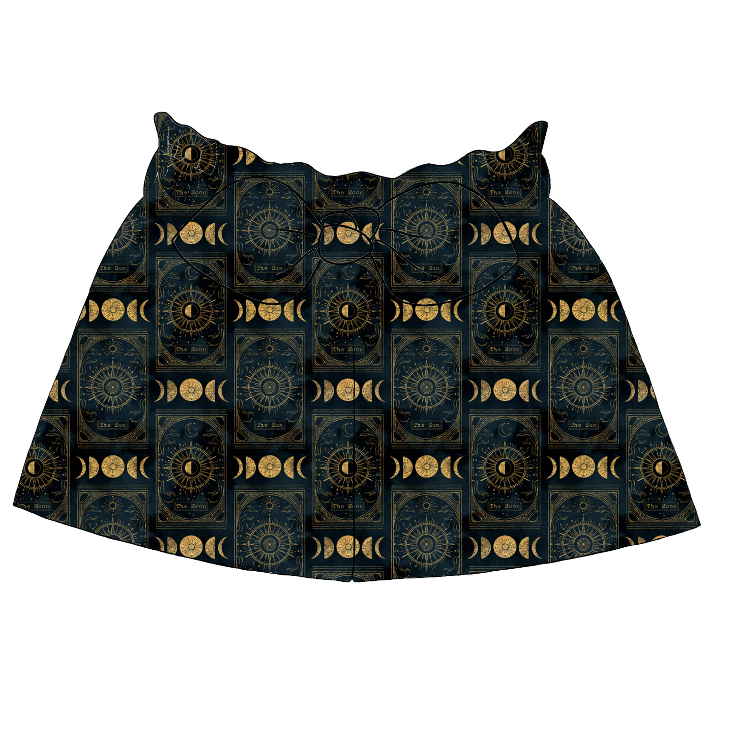 Children’s paperbag shorts in Tarot fabric – navy base with golden celestial motifs including tarot cards, suns and moons, with bow and ruffle waistband.