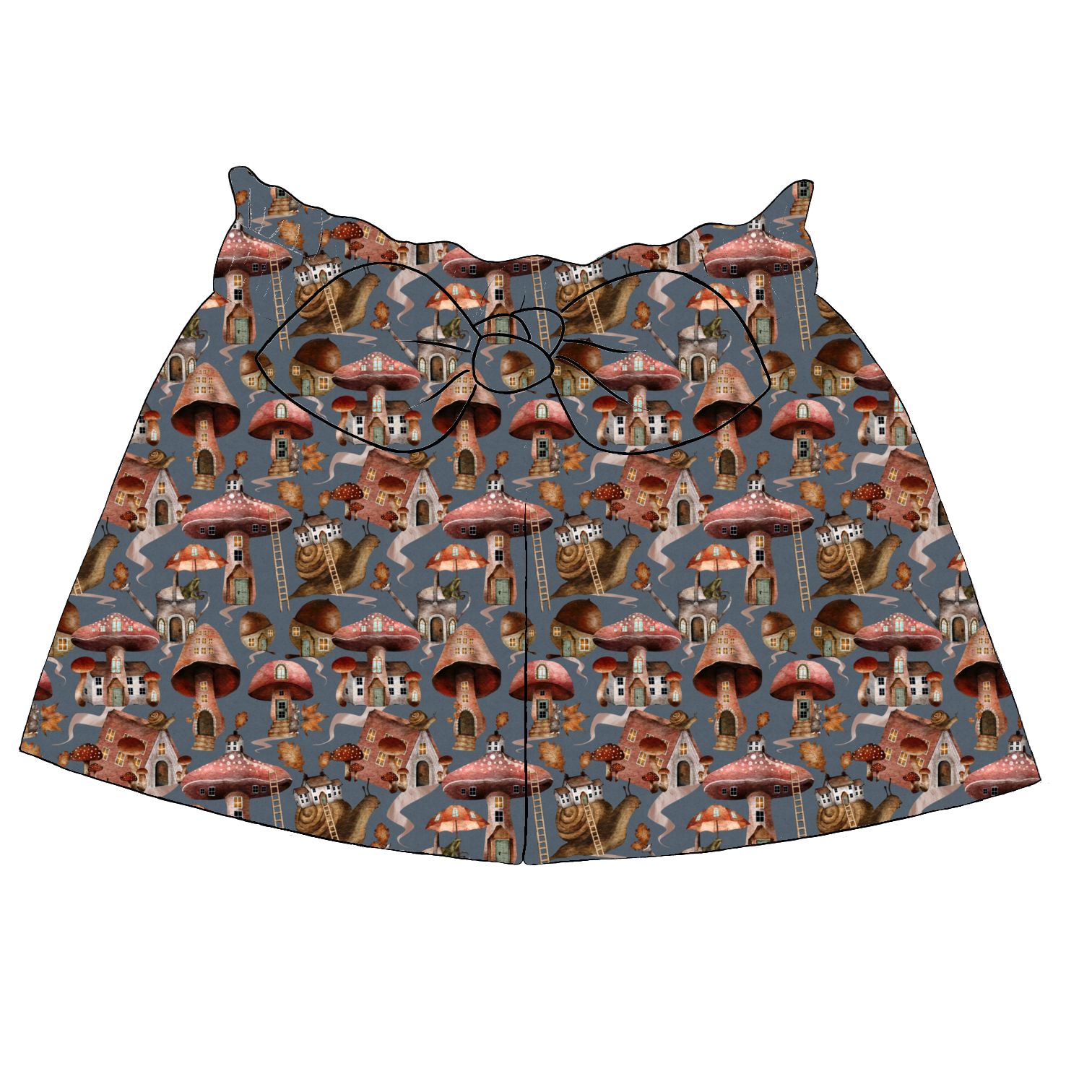 Children’s paperbag shorts in Mushroom Town fabric – denim blue background with mushroom houses, snails and leafy woodland details, with ruffle waist and bow.