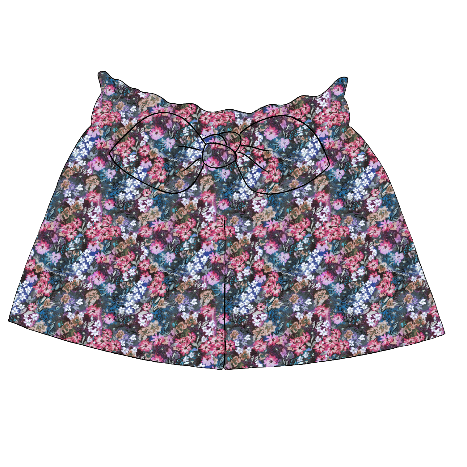 Children’s paperbag shorts in Matilda fabric – navy base with bright painterly flowers in pink, blue and lilac, with ruffle waist and bow.