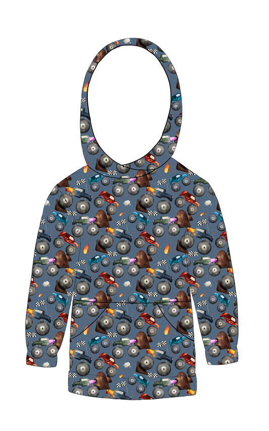 Handmade hoody in Monster Trucks – deep blue jersey with colourful monster trucks, flames and flags, lined hood and front pocket.