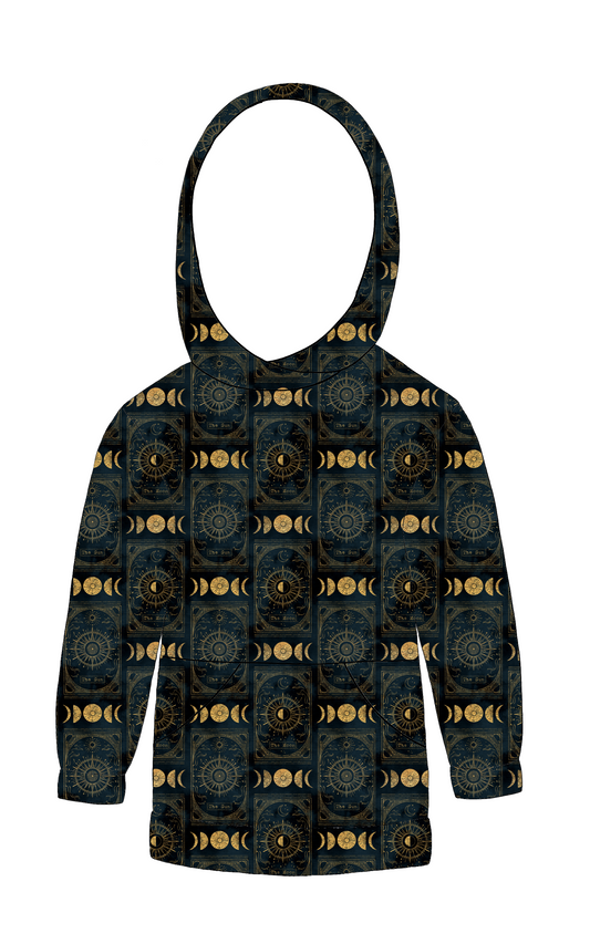 Handmade hoody in Tarot – black and gold jersey with celestial symbols, featuring a lined hood and front pocket.