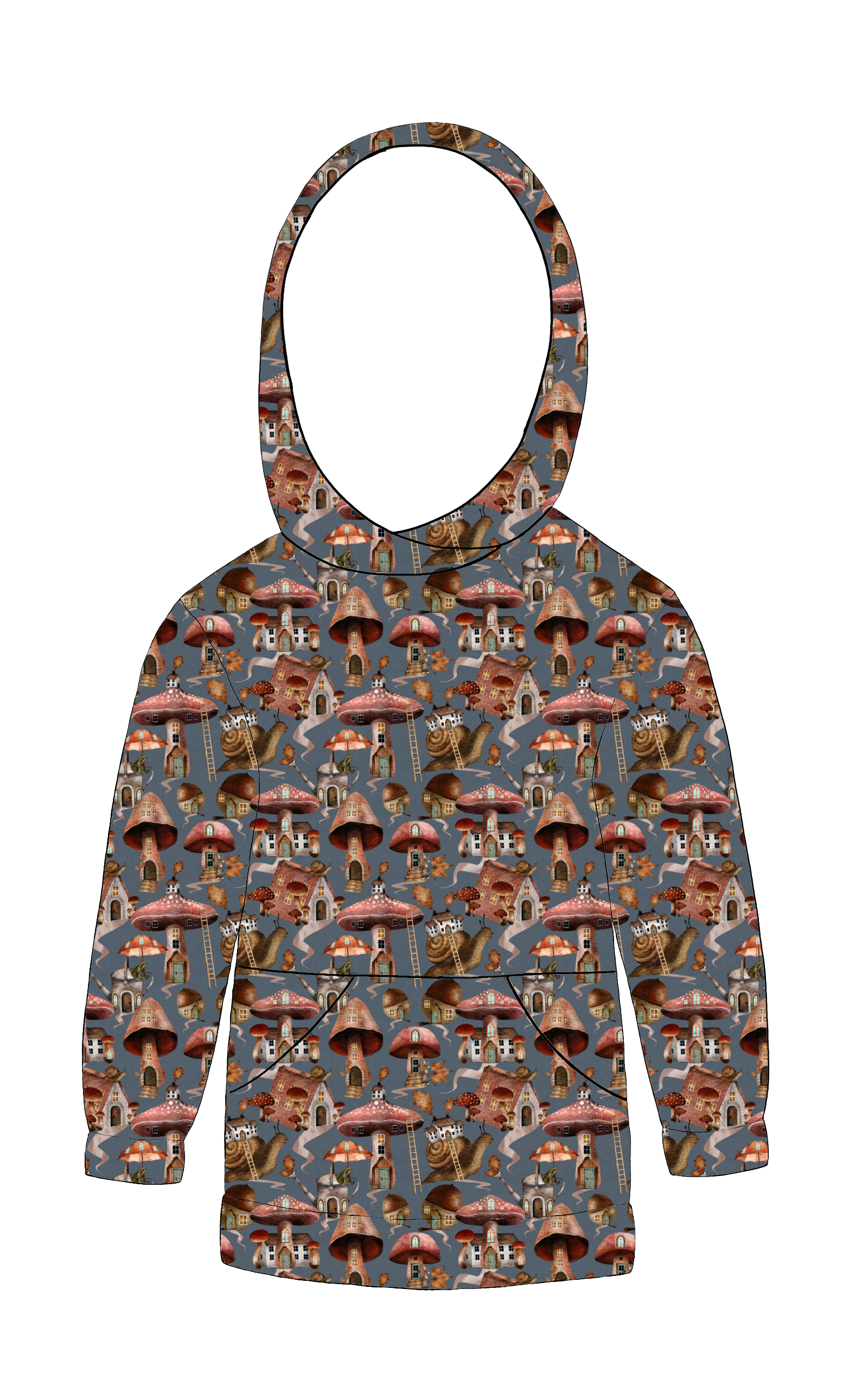 Handmade hoody in Mushroom Town – whimsical blue-grey jersey with mushrooms, snails and woodland details.
