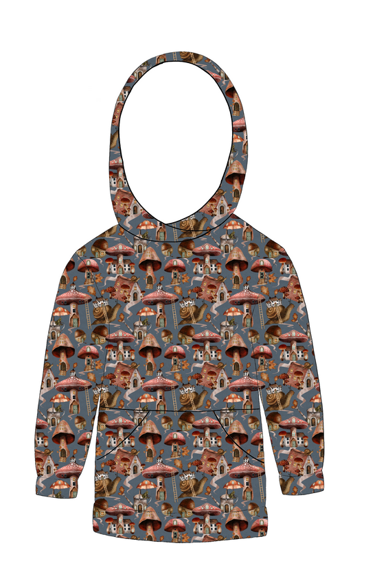 Handmade hoody in Mushroom Town – whimsical blue-grey jersey with mushrooms, snails and woodland details.